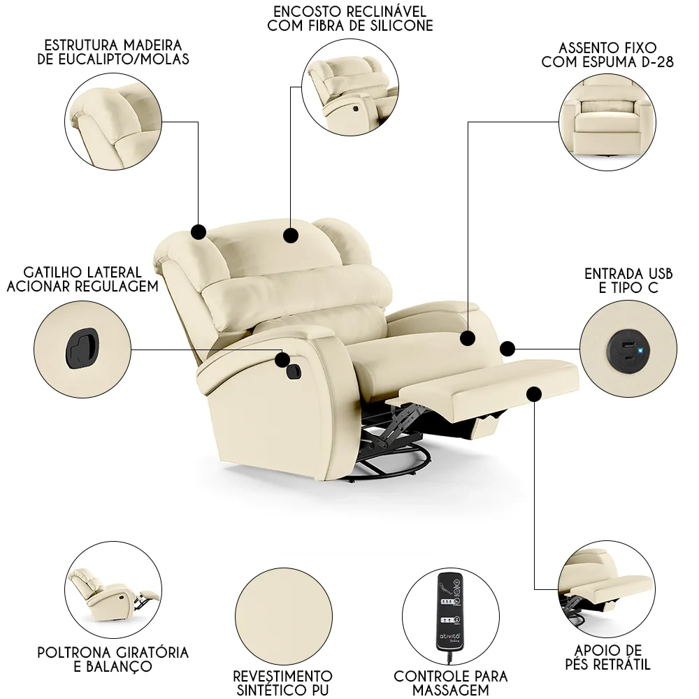 Poltrona do Papai Reclinável Kalie Glider Giratória Massagem FH9 PU Bege - Mpozenato