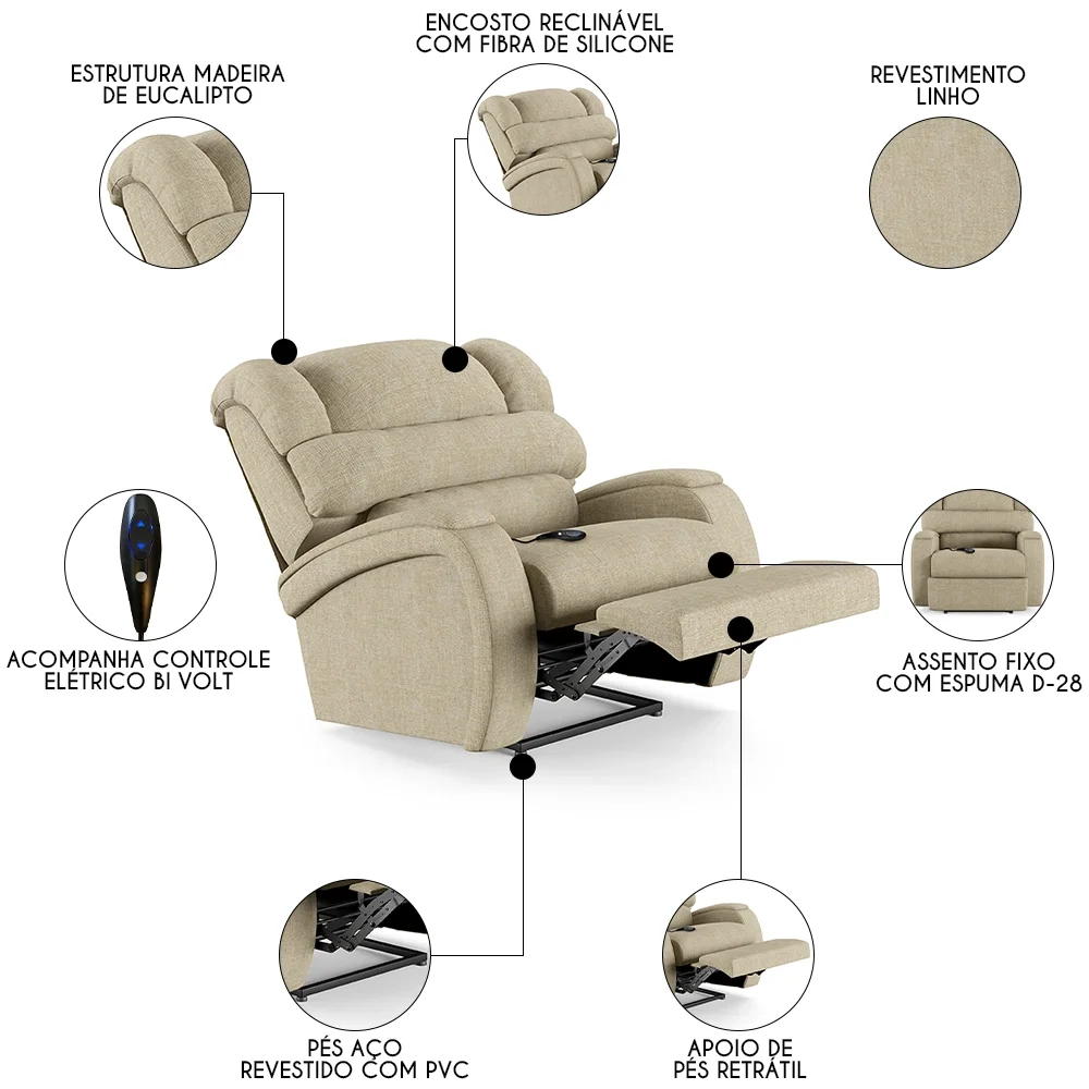 Poltrona do Papai Reclinável Kalie Controle Power Elétrico FH9 Linho Bege - Mpozenato