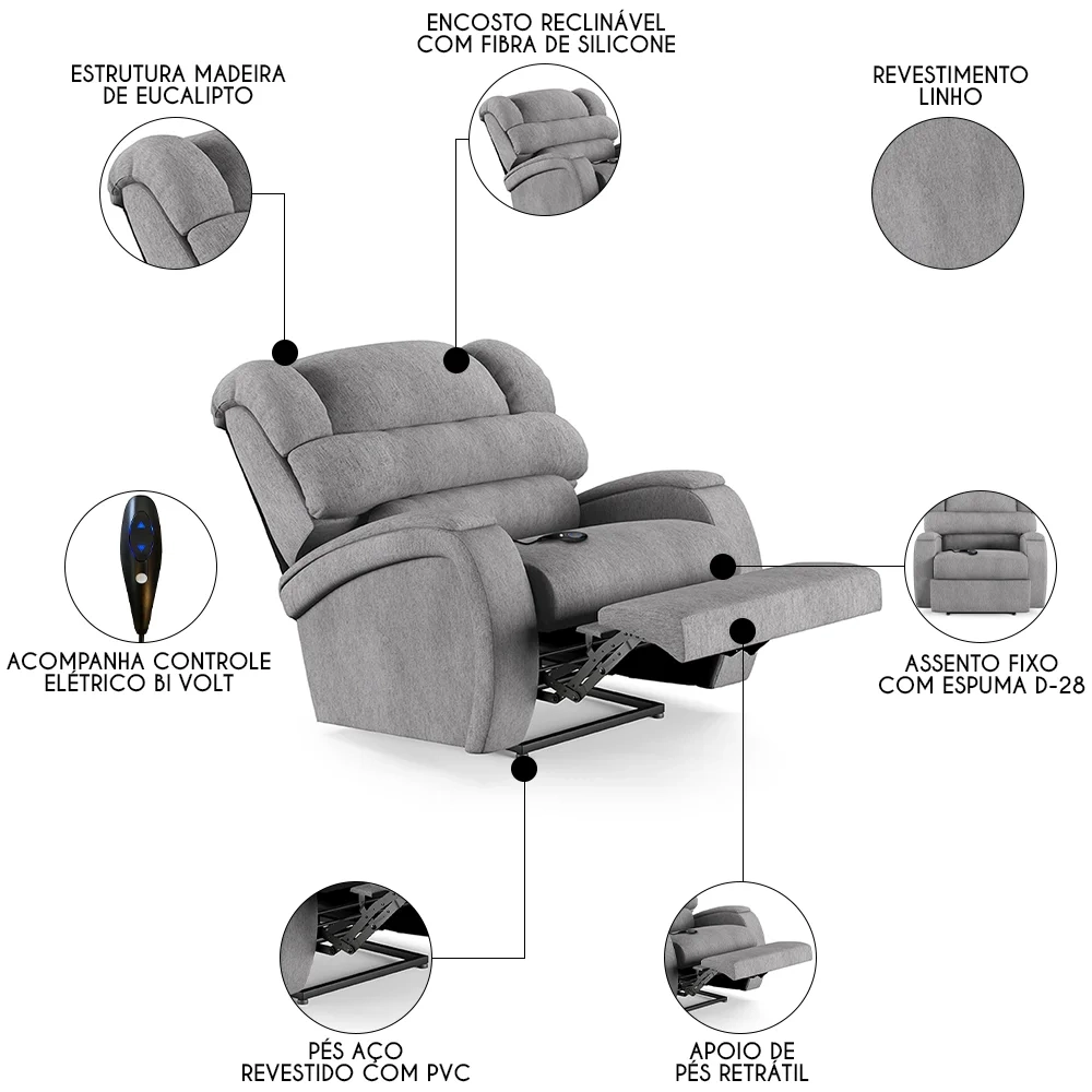 Poltrona do Papai Reclinável Kalie Controle Power Elétrico FH9 Linho Cinza - Mpozenato