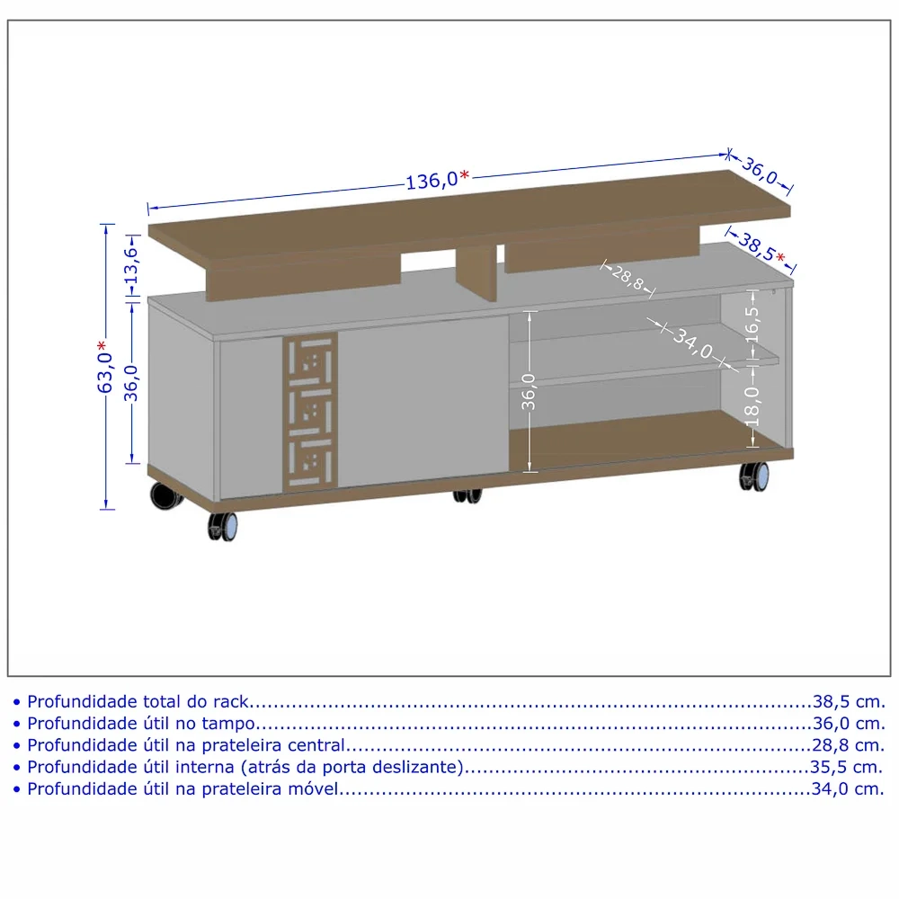 Rack Bancada Para TV Até 52 Pol. com Rodízios 1 Porta Topázio Cinamomo/Off White/Ripado - Bechara