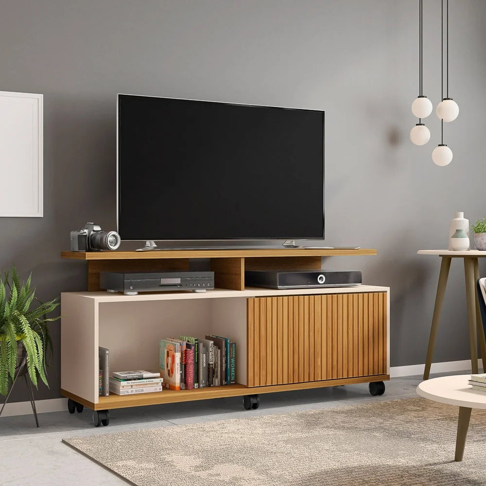 Rack Bancada Para TV Até 52 Pol. com Rodízios 1 Porta Topázio Cinamomo/Off White/Ripado - Bechara