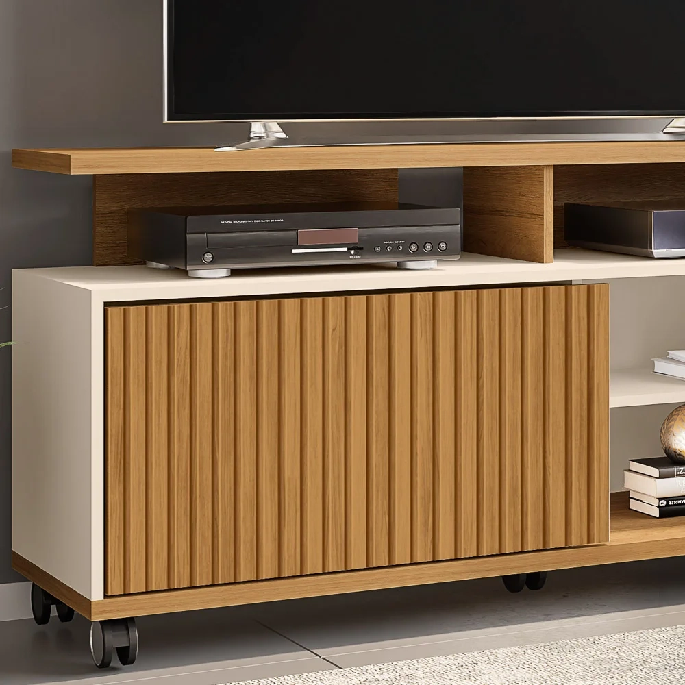 Rack Bancada Para TV Até 52 Pol. com Rodízios 1 Porta Topázio Cinamomo/Off White/Ripado - Bechara