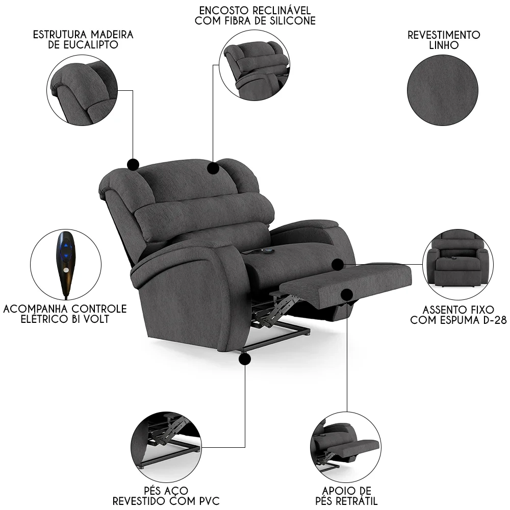 Poltrona do Papai Reclinável Kalie Controle Power Elétrico FH9 Linho Grafite - Mpozenato