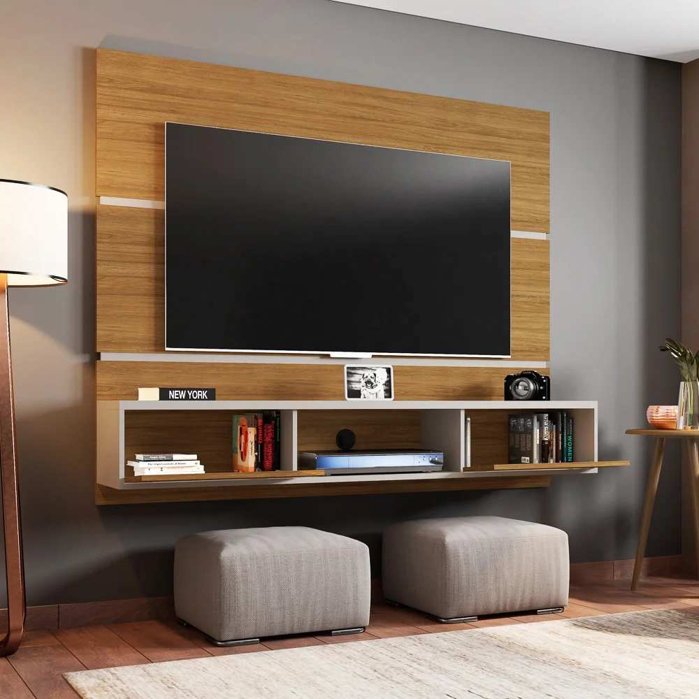 Painel Bancada Suspensa Para TV Até 65 Pol. 2 Portas Âmbar Cinamomo/Off White/Ripado - Bechara
