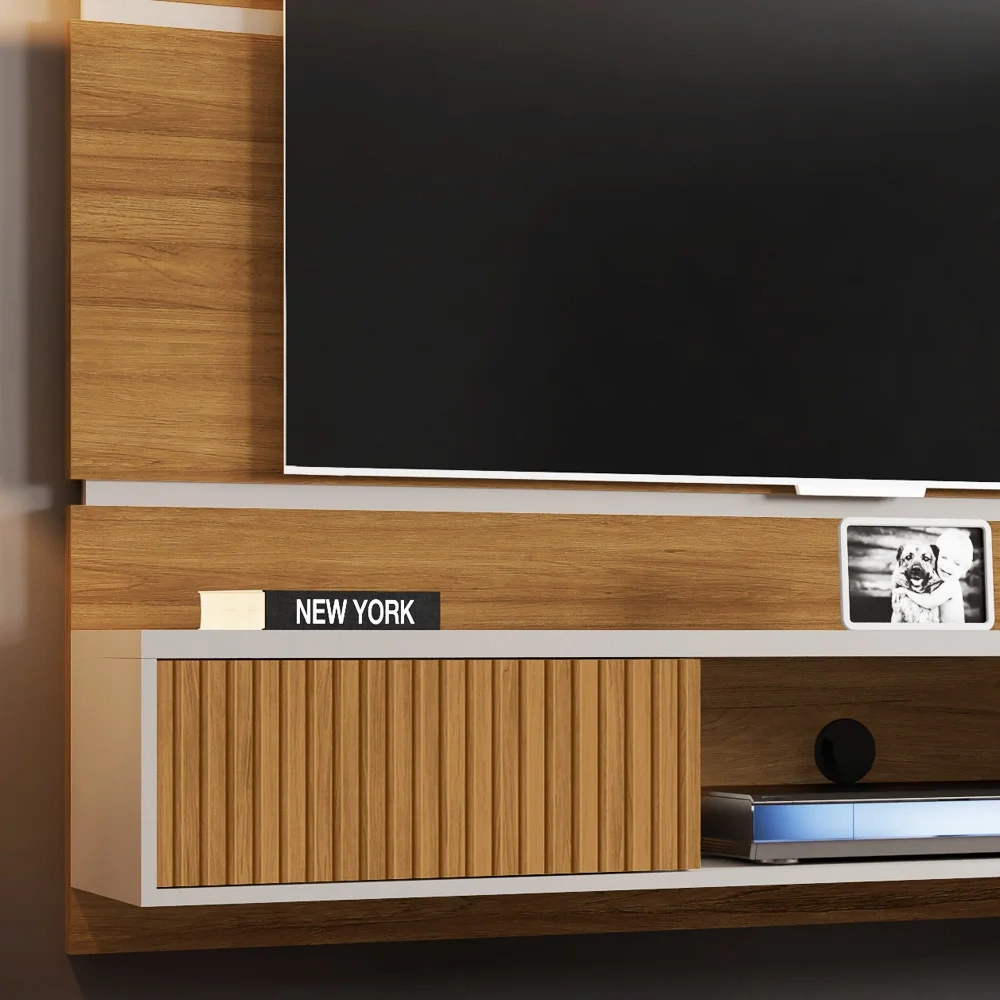 Painel Bancada Suspensa Para TV Até 65 Pol. 2 Portas Âmbar Cinamomo/Off White/Ripado - Bechara