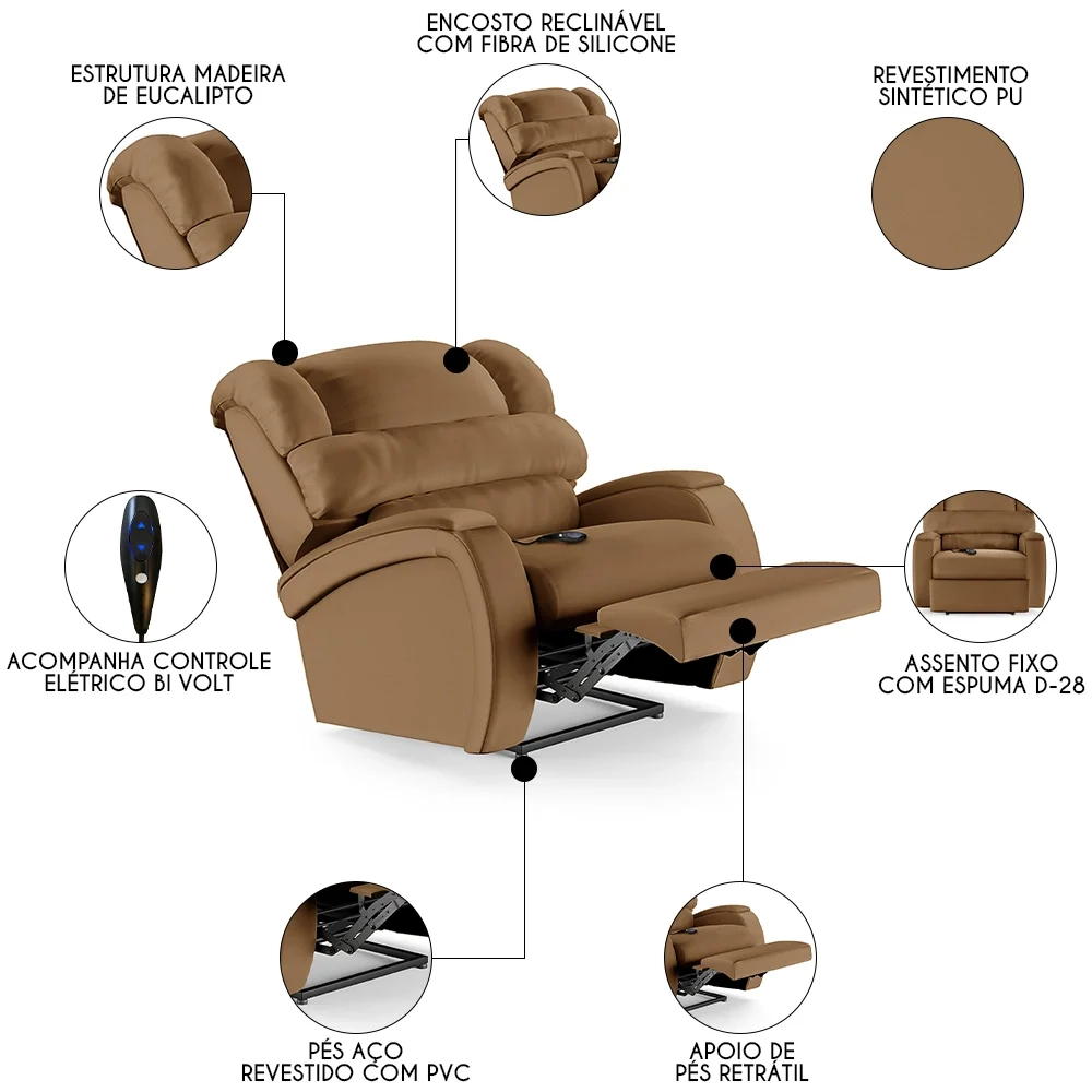 Poltrona do Papai Reclinável Kalie Controle Power Elétrico FH9 PU Caramelo - Mpozenato