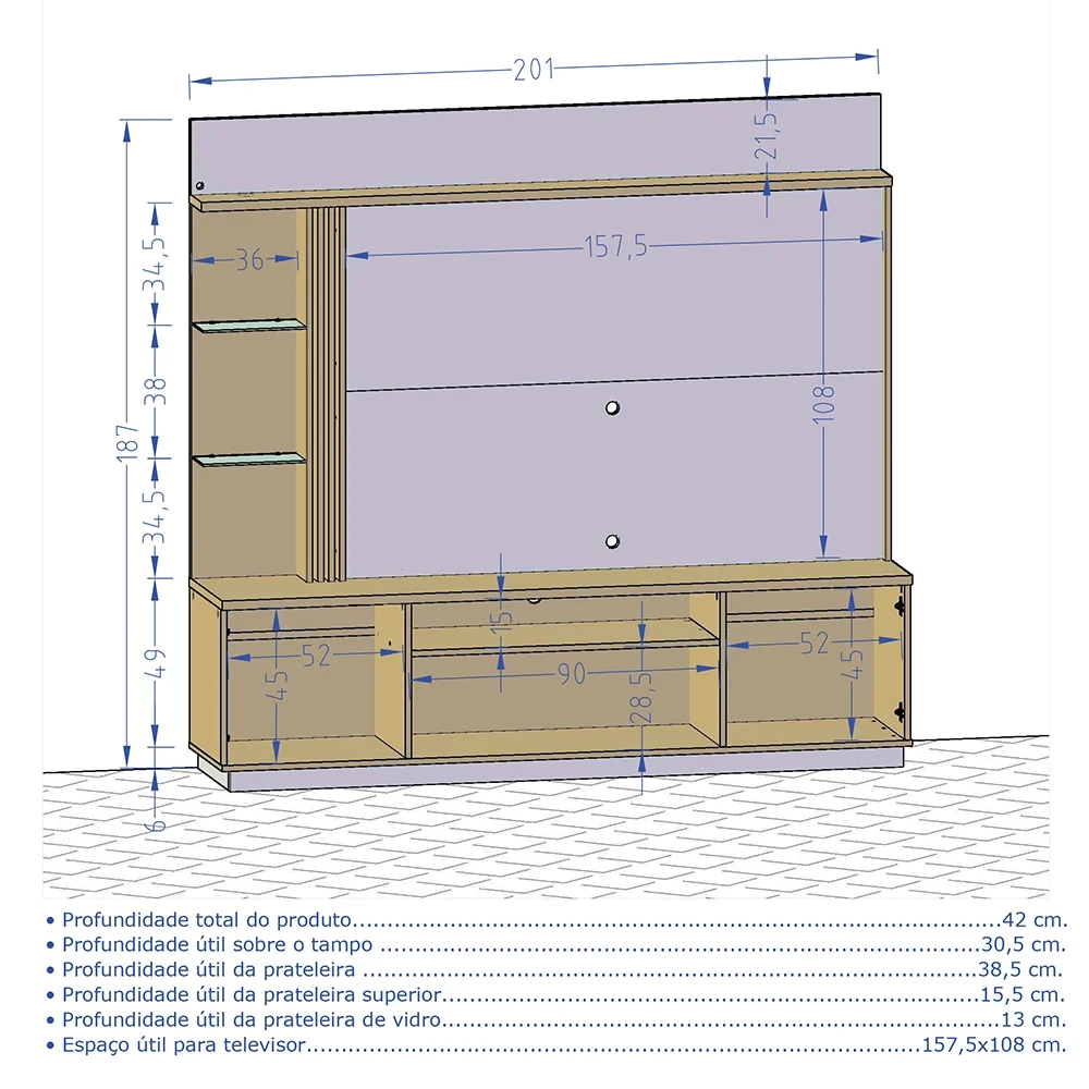 Estante Home Theater Para TV Até 65 Pol. Atlanta Cinamomo/Off White/Ripado - Bechara