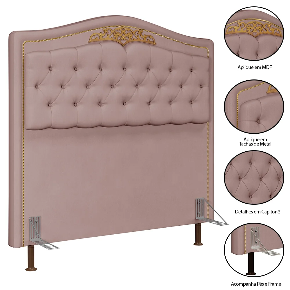 Cabeceira Cama Box Casal King 195cm com Tachas Imperial Veludo J02 Rosê - Mpozenato