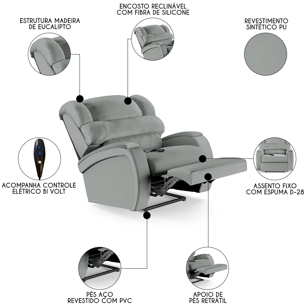 Poltrona do Papai Reclinável Kalie Controle Power Elétrico FH9 PU Cinza - Mpozenato