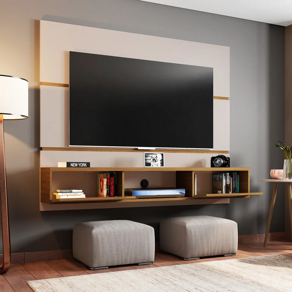 Painel Bancada Suspensa Para TV Até 65 Pol. 2 Portas Âmbar Off White/Cinamomo/Ripado - Bechara