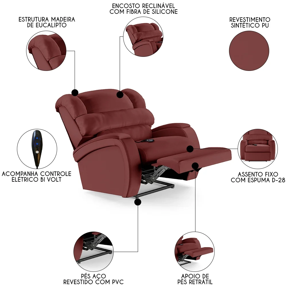 Poltrona do Papai Reclinável Kalie Controle Power Elétrico FH9 PU Vermelho - Mpozenato