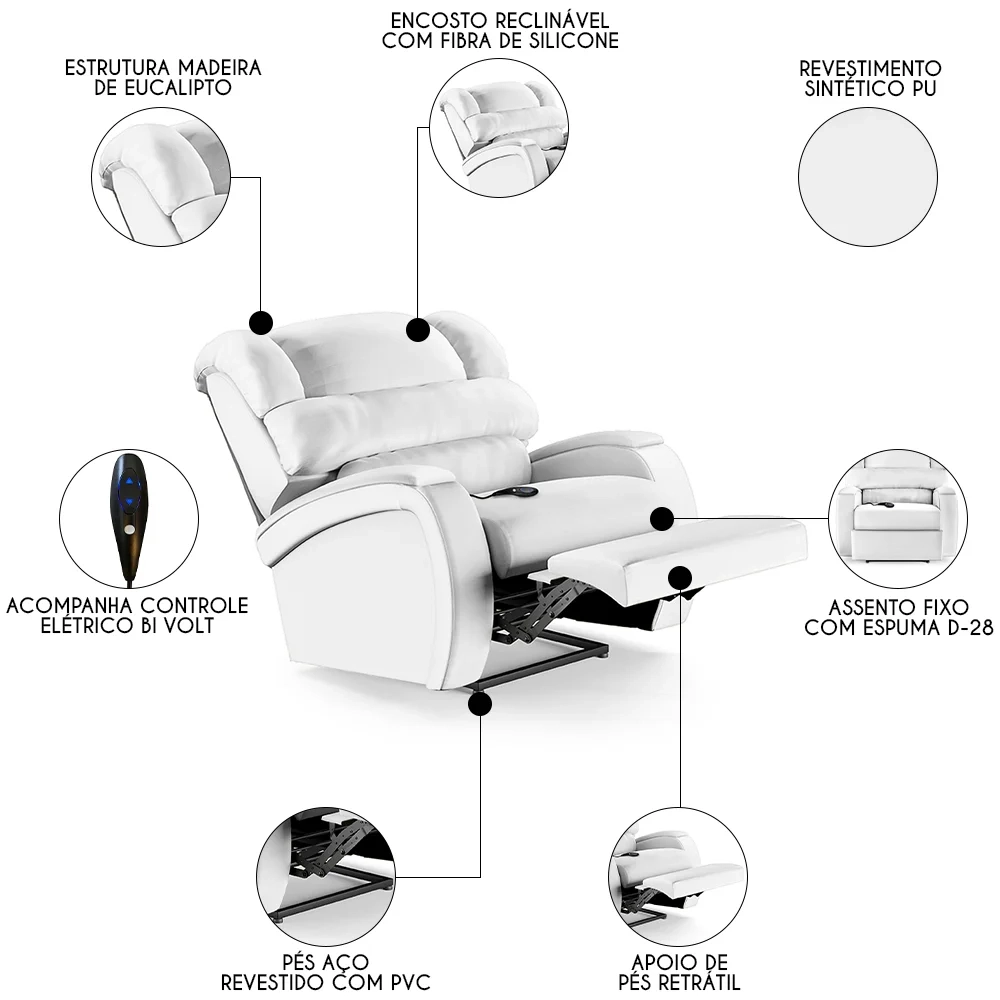 Poltrona do Papai Reclinável Kalie Controle Power Elétrico FH9 PU Branco - Mpozenato