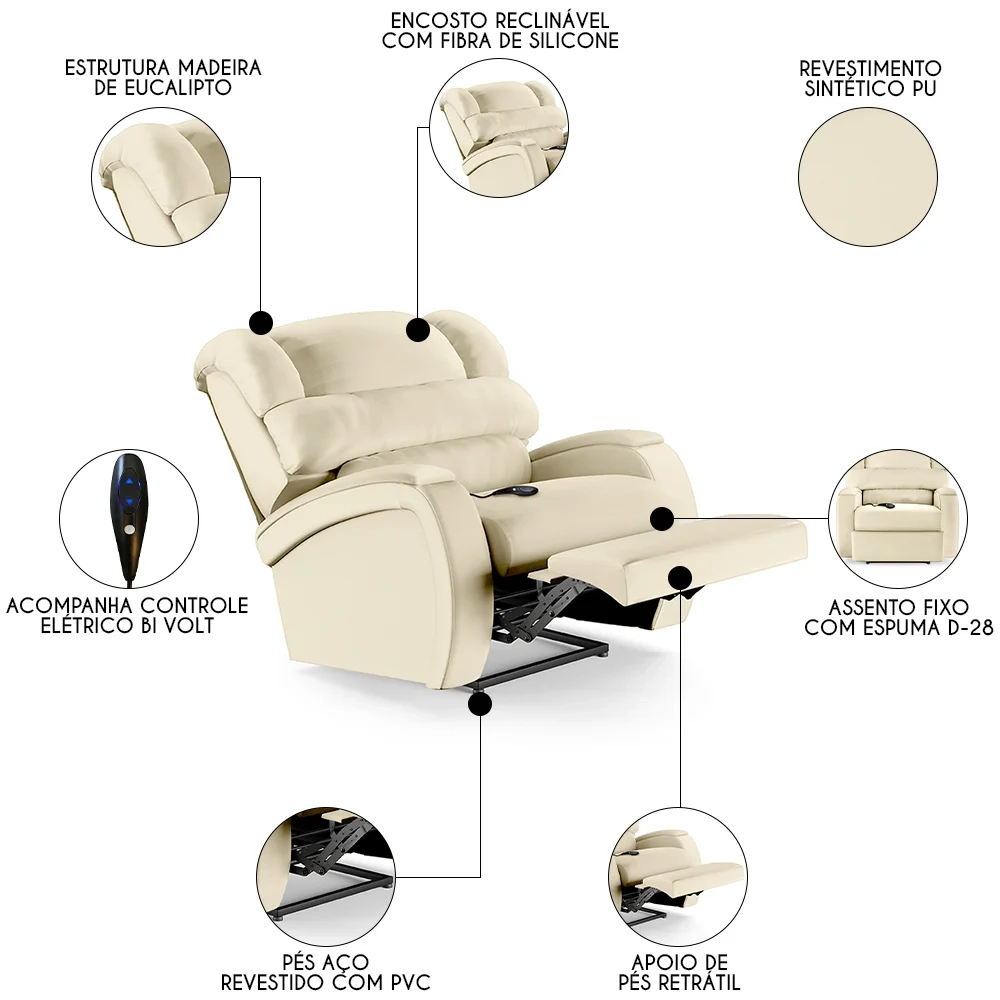 Poltrona do Papai Reclinável Kalie Controle Power Elétrico FH9 PU Bege - Mpozenato