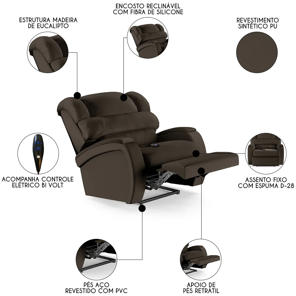 Poltrona do Papai Reclinável Kalie Controle Power Elétrico FH9 PU Marrom - Mpozenato