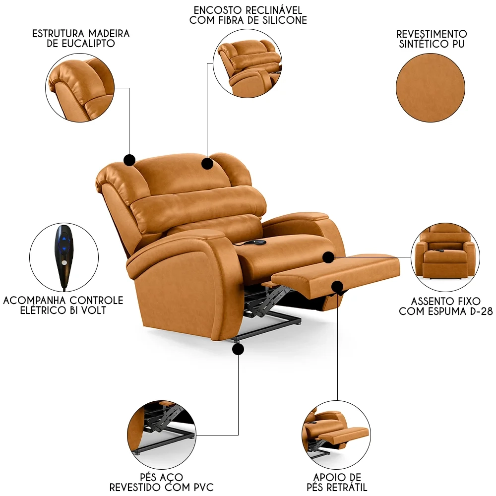 Poltrona do Papai Reclinável Kalie Controle Power Elétrico FH9 PU Whisky - Mpozenato
