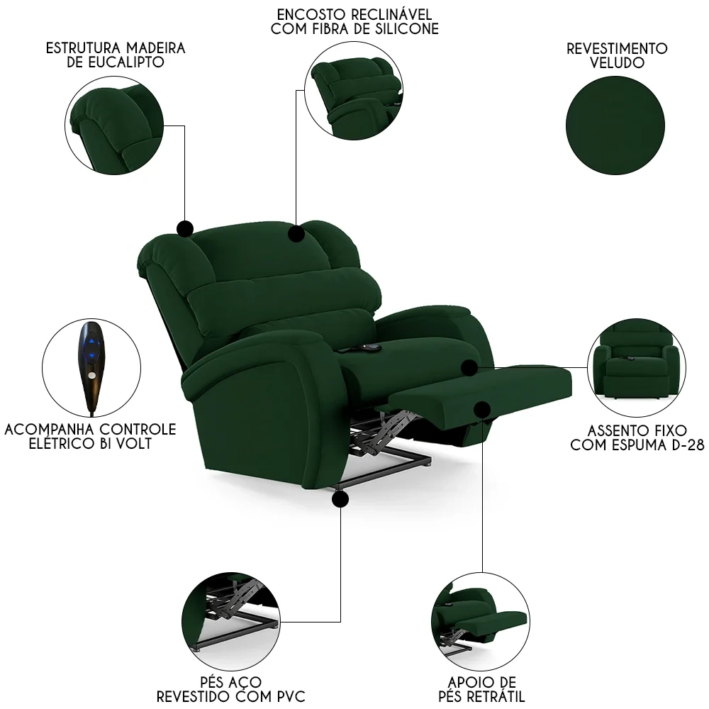 Poltrona do Papai Reclinável Kalie Controle Power Elétrico FH9 Veludo Verde - Mpozenato