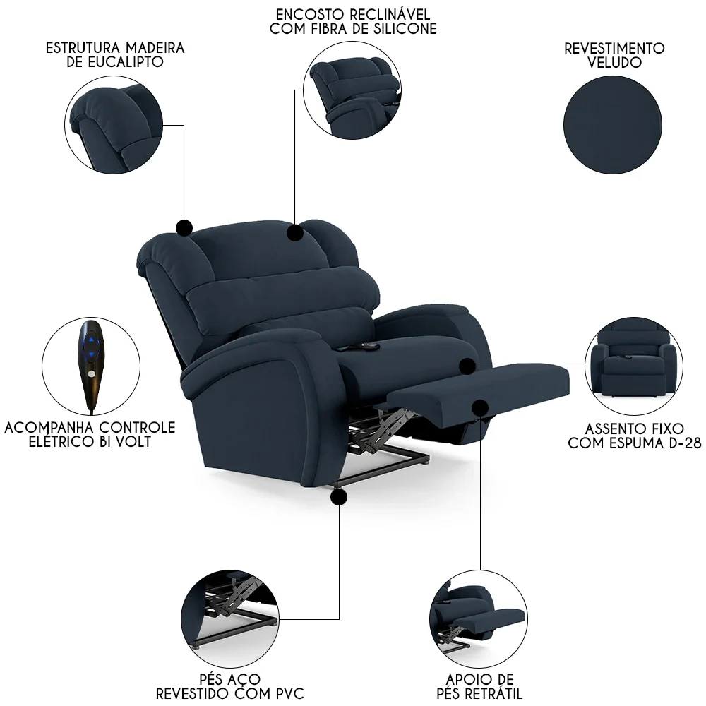 Poltrona do Papai Reclinável Kalie Controle Power Elétrico FH9 Veludo Azul - Mpozenato