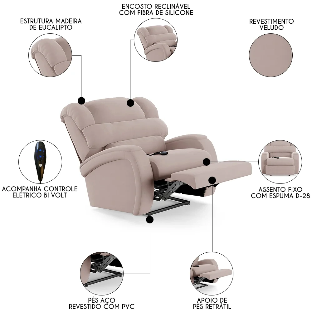 Poltrona do Papai Reclinável Kalie Controle Power Elétrico FH9 Veludo Rosê - Mpozenato