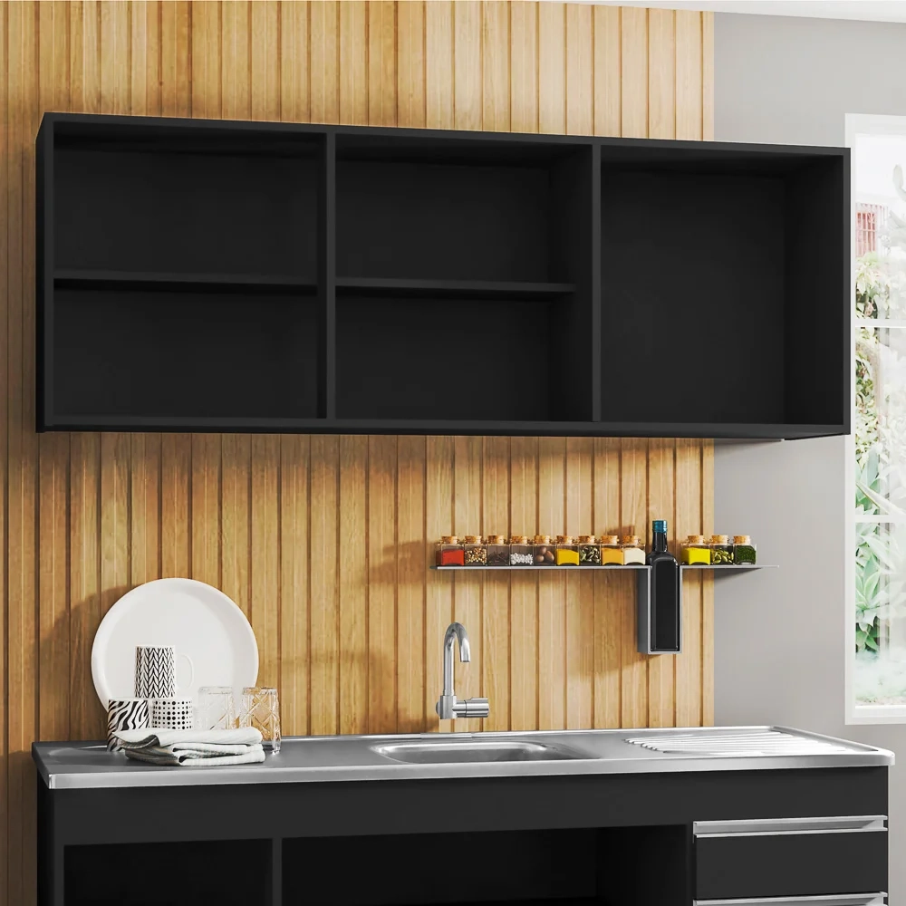 Armário Aéreo de Cozinha 150cm 3 Portas Argélia Preto - Lumil