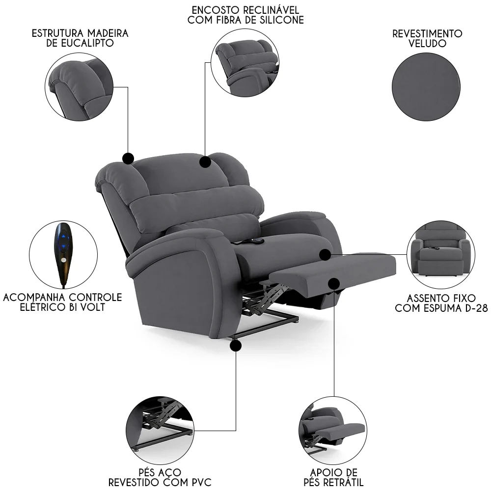 Poltrona do Papai Reclinável Kalie Controle Power Elétrico FH9 Veludo Cinza - Mpozenato