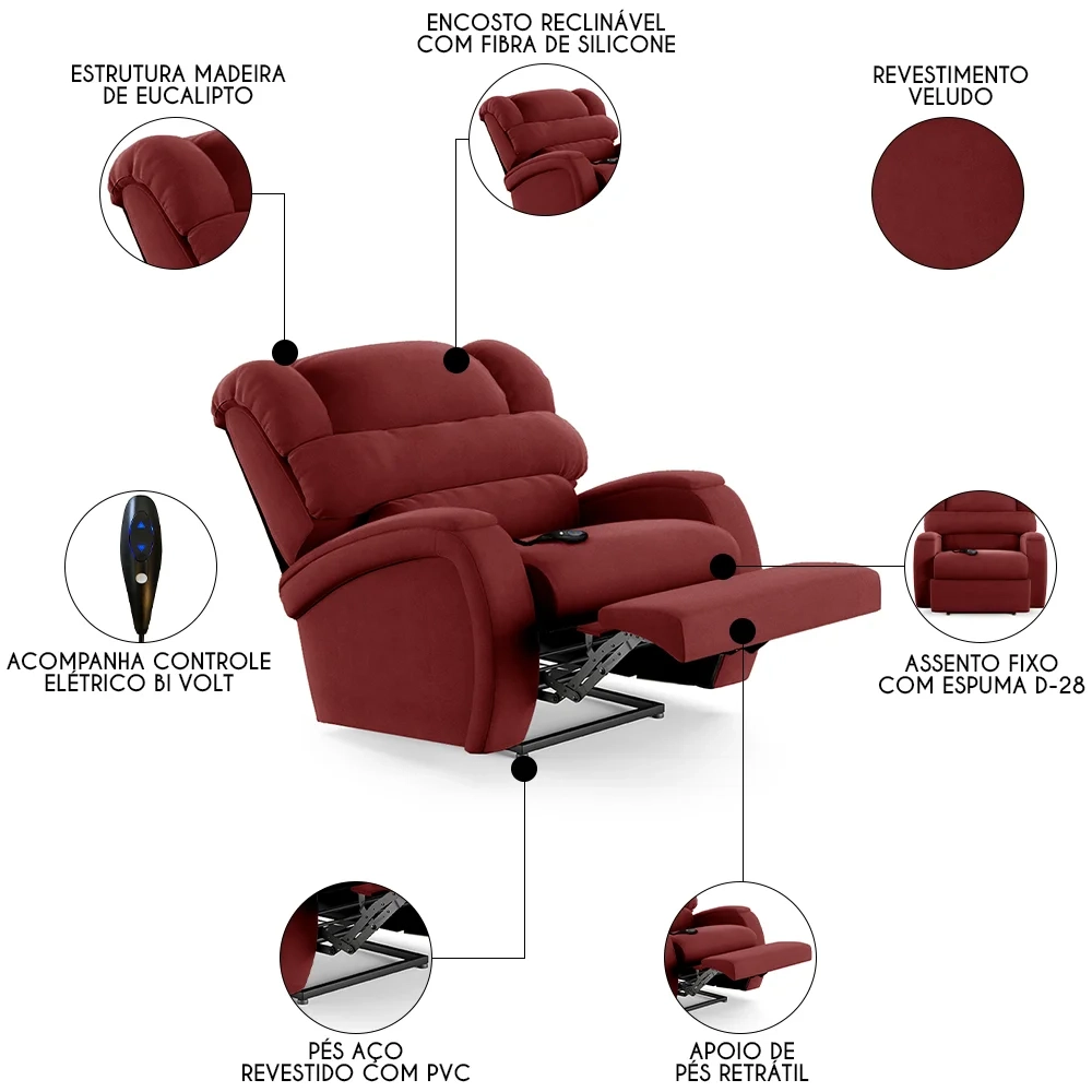 Poltrona do Papai Reclinável Kalie Controle Power Elétrico FH9 Veludo Vermelho - Mpozenato