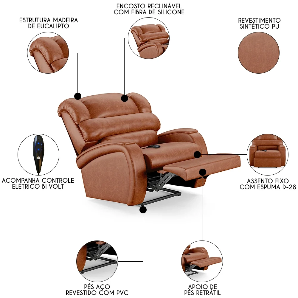 Poltrona do Papai Reclinável Kalie Controle Power Elétrico FH9 PU Caramelo Brilho - Mpozenato