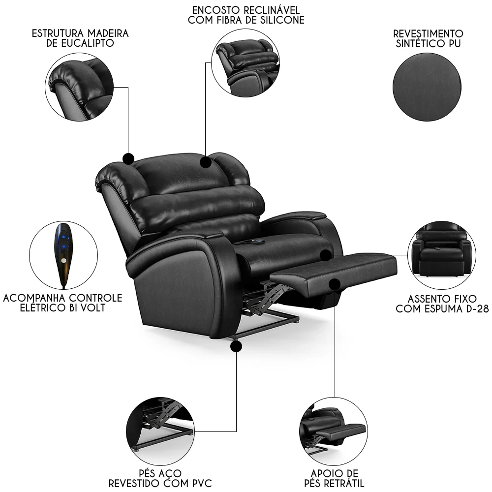 Poltrona do Papai Reclinável Kalie Controle Power Elétrico FH9 PU Preto Brilho - Mpozenato