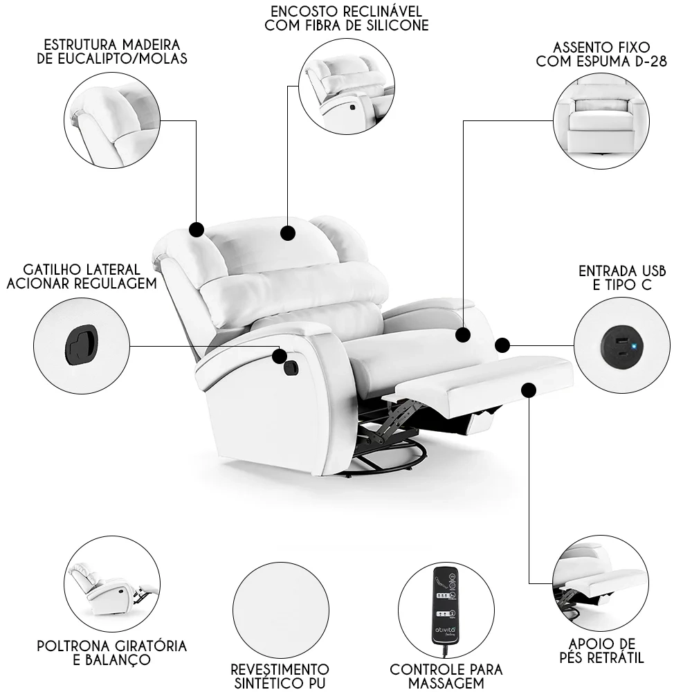 Poltrona do Papai Reclinável Kalie Glider Giratória Massagem FH9 PU Branco - Mpozenato