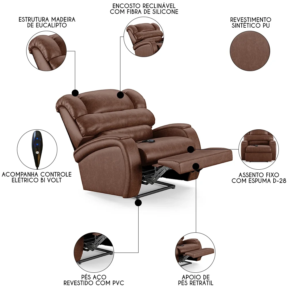 Poltrona do Papai Reclinável Kalie Controle Power Elétrico FH9 PU Marrom Brilho - Mpozenato