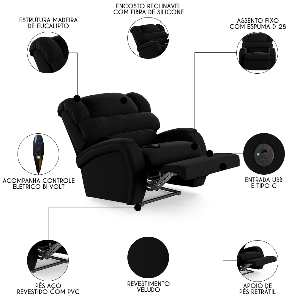 Poltrona do Papai Reclinável Kalie Controle Power Elétrico USB FH9 Veludo Preto - Mpozenato