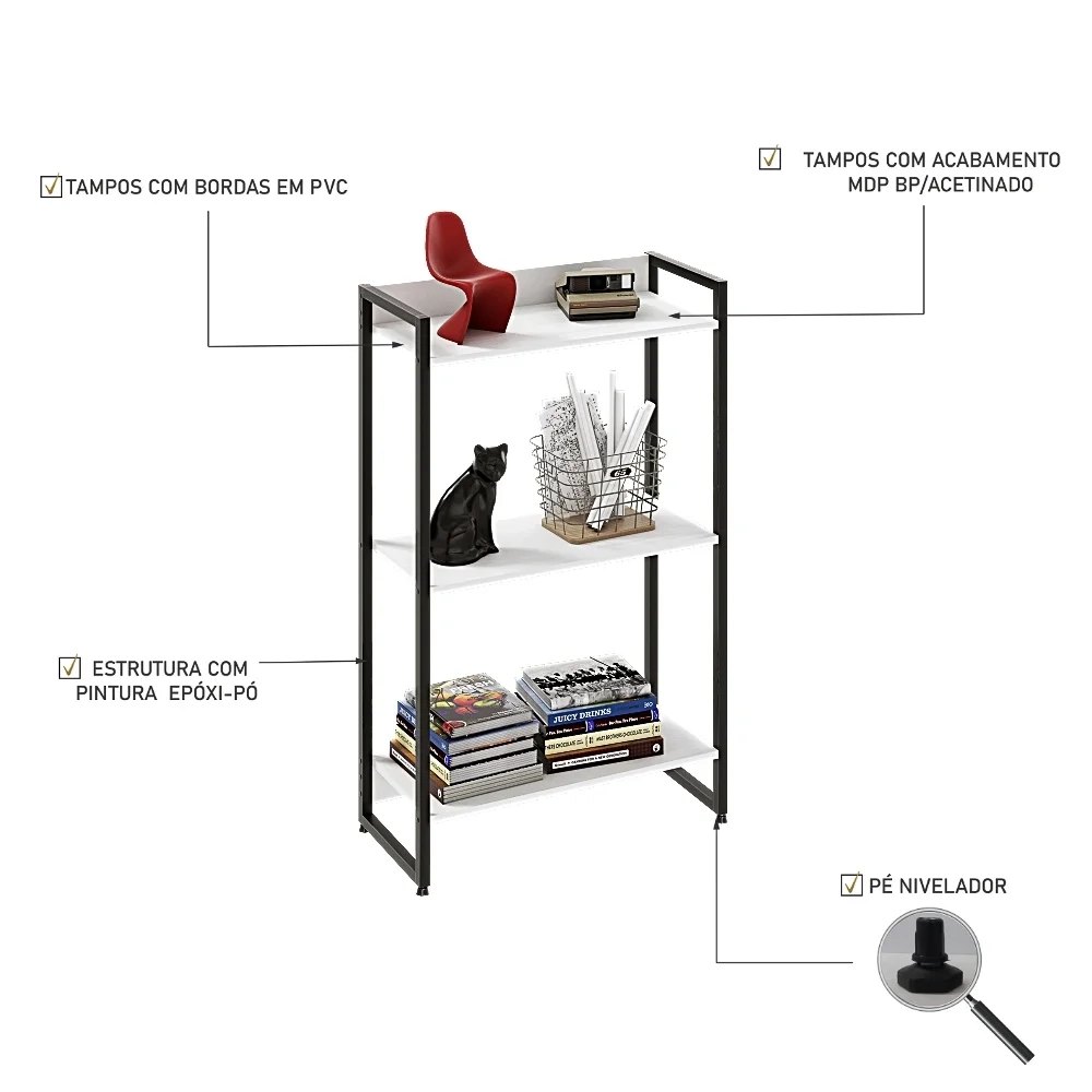 Estante Livreiro Dynamica Industrial 60cm 3 Prateleiras C08 Branco Chess - Mpozenato