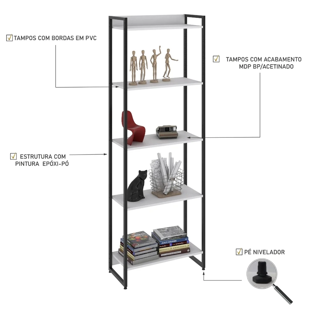 Estante Livreiro Dynamica Industrial 60cm 5 Prateleiras C08 Branco Chess - Mpozenato