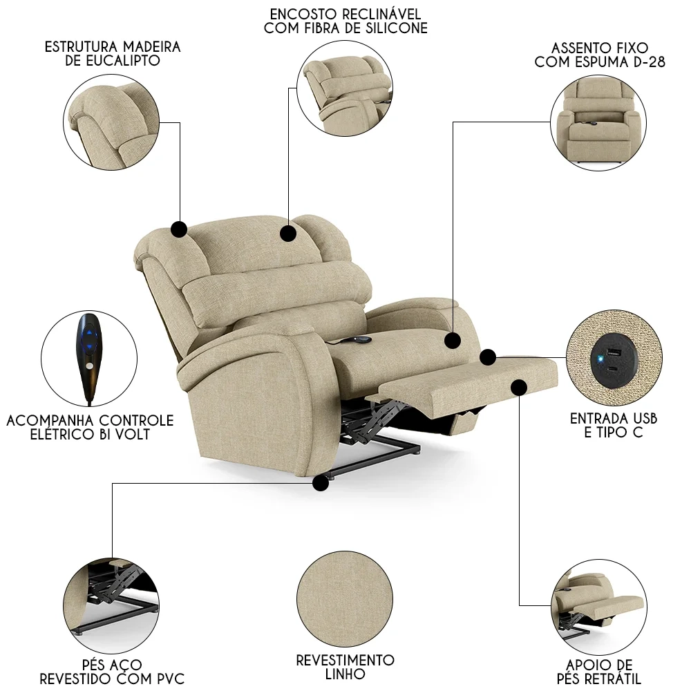 Poltrona do Papai Reclinável Kalie Controle Power Elétrico USB FH9 Linho Bege - Mpozenato