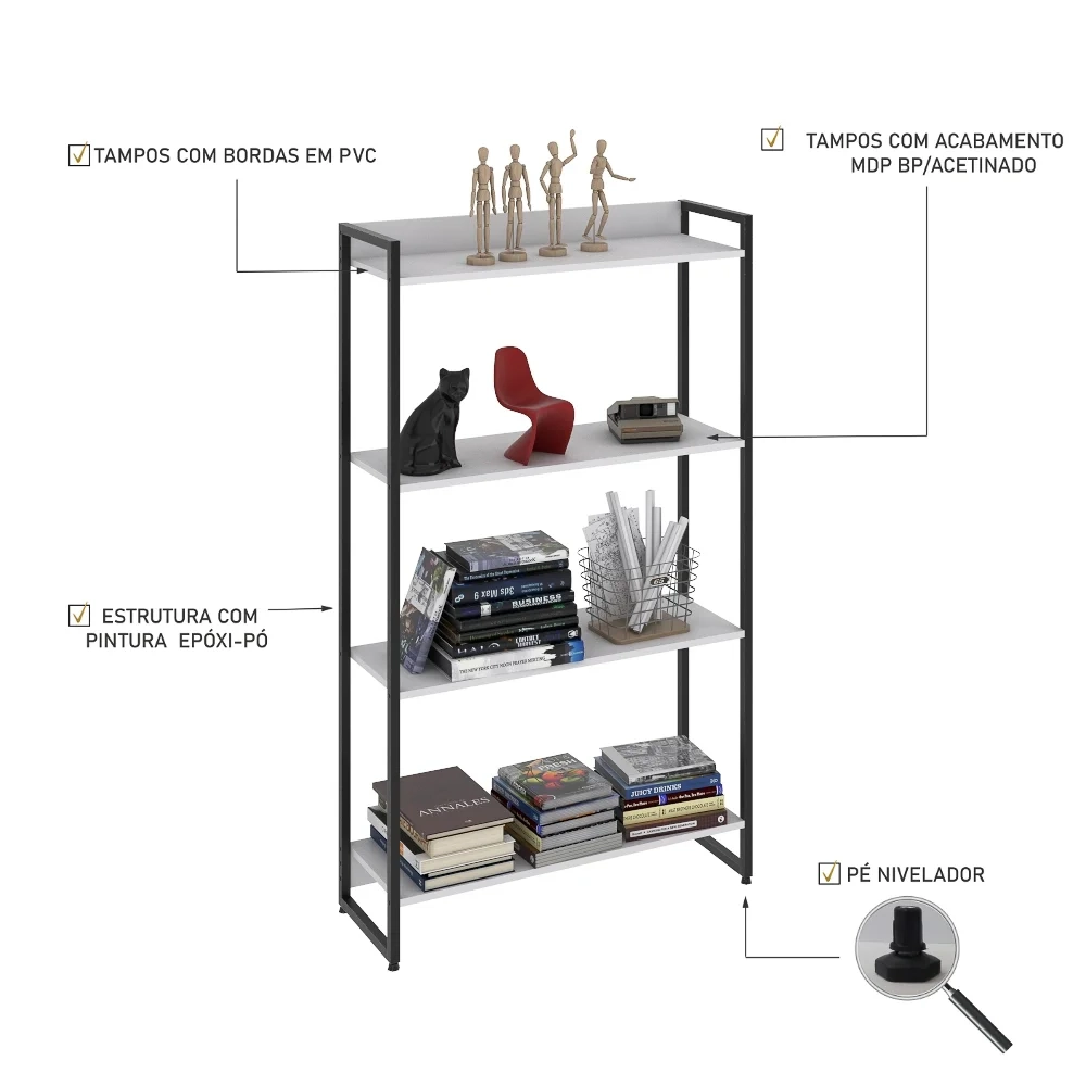 Estante Livreiro Dynamica Industrial 80cm 4 Prateleiras C08 Branco Chess - Mpozenato