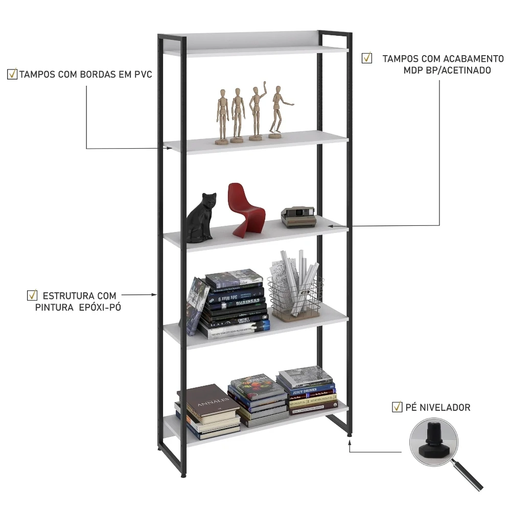 Estante Livreiro Dynamica Industrial 80cm 5 Prateleiras C08 Branco Chess - Mpozenato