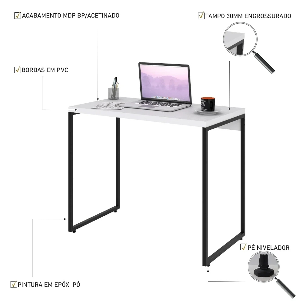 Mesa de Escritório Escrivaninha 90cm Dynamica Industrial C08 Branco Chess - Mpozenato