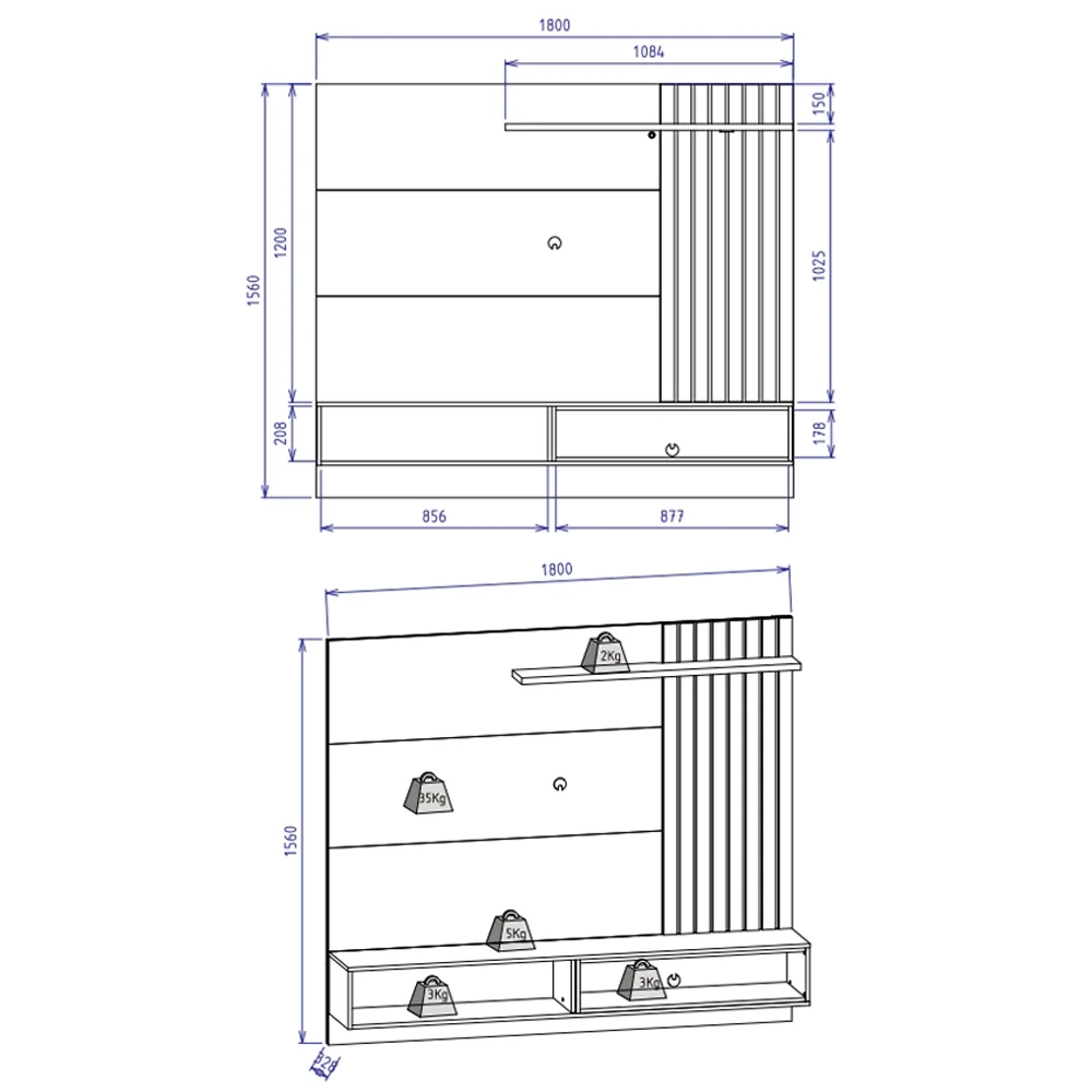 Painel Bancada Suspensa para TV até 65 Pol. Ripado 180cm Tocantins Off White/Nogueira Real - Colibri