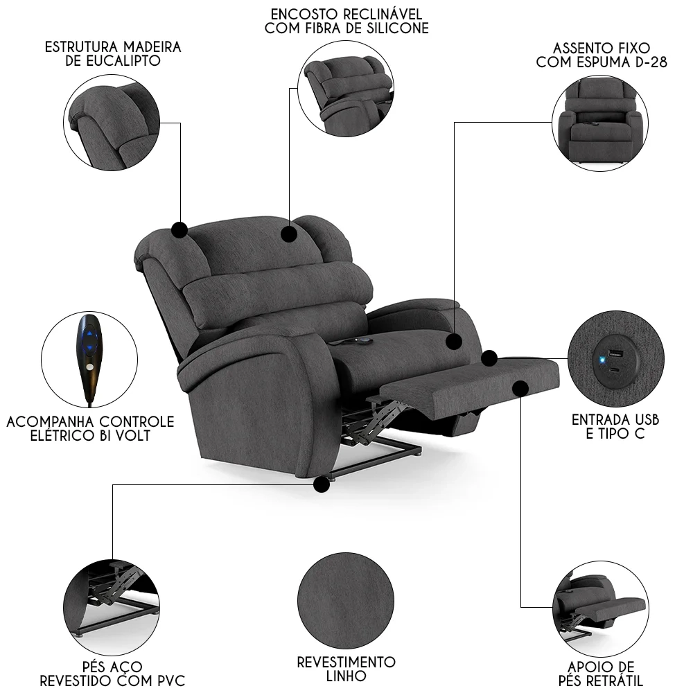 Poltrona do Papai Reclinável Kalie Controle Power Elétrico USB FH9 Linho Grafite - Mpozenato