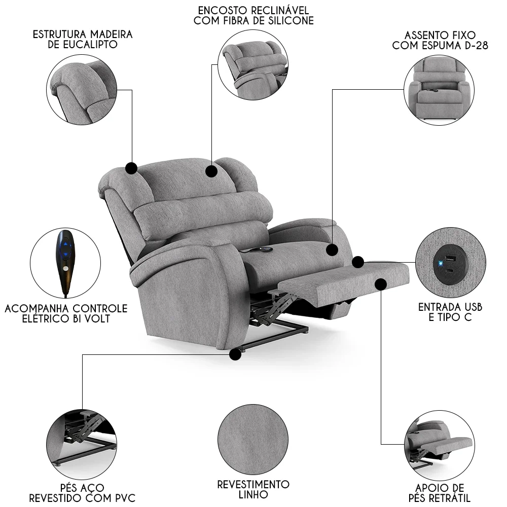 Poltrona do Papai Reclinável Kalie Controle Power Elétrico USB FH9 Linho Cinza - Mpozenato