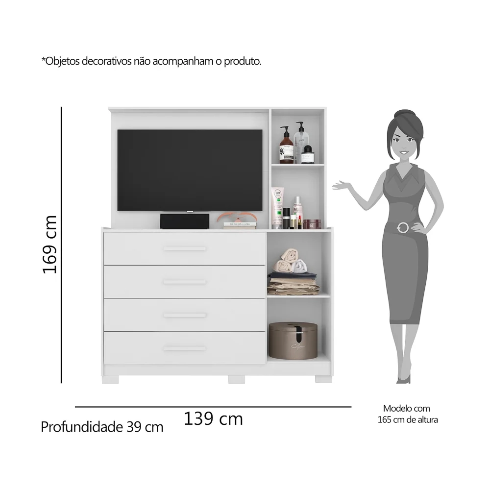 Cômoda Sapateira Com Painel Para TV 4 Gavetas Azaléia A02 Branco Fosco - Mpozenato