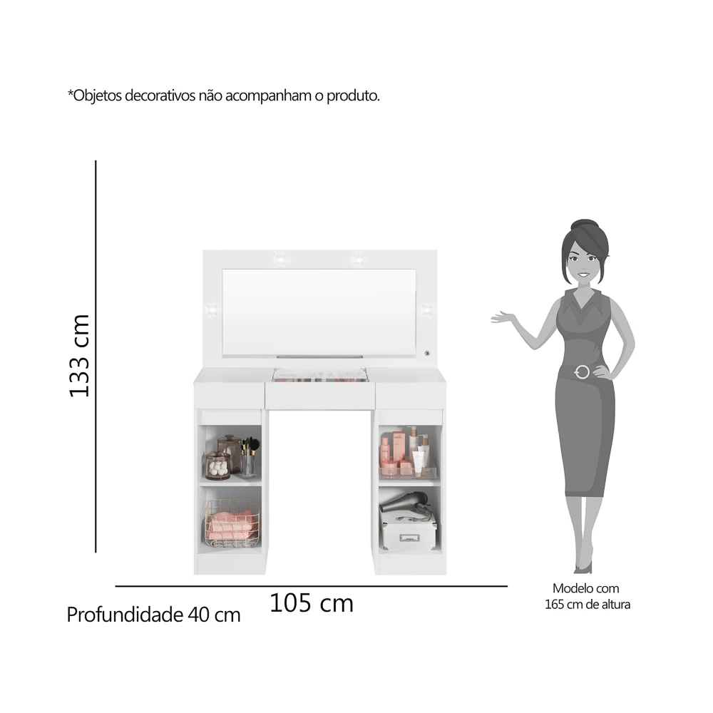 Penteadeira Camarim Com Espelho e LED 3 Gavetas Studio Beauty A02 Branco - Mpozenato