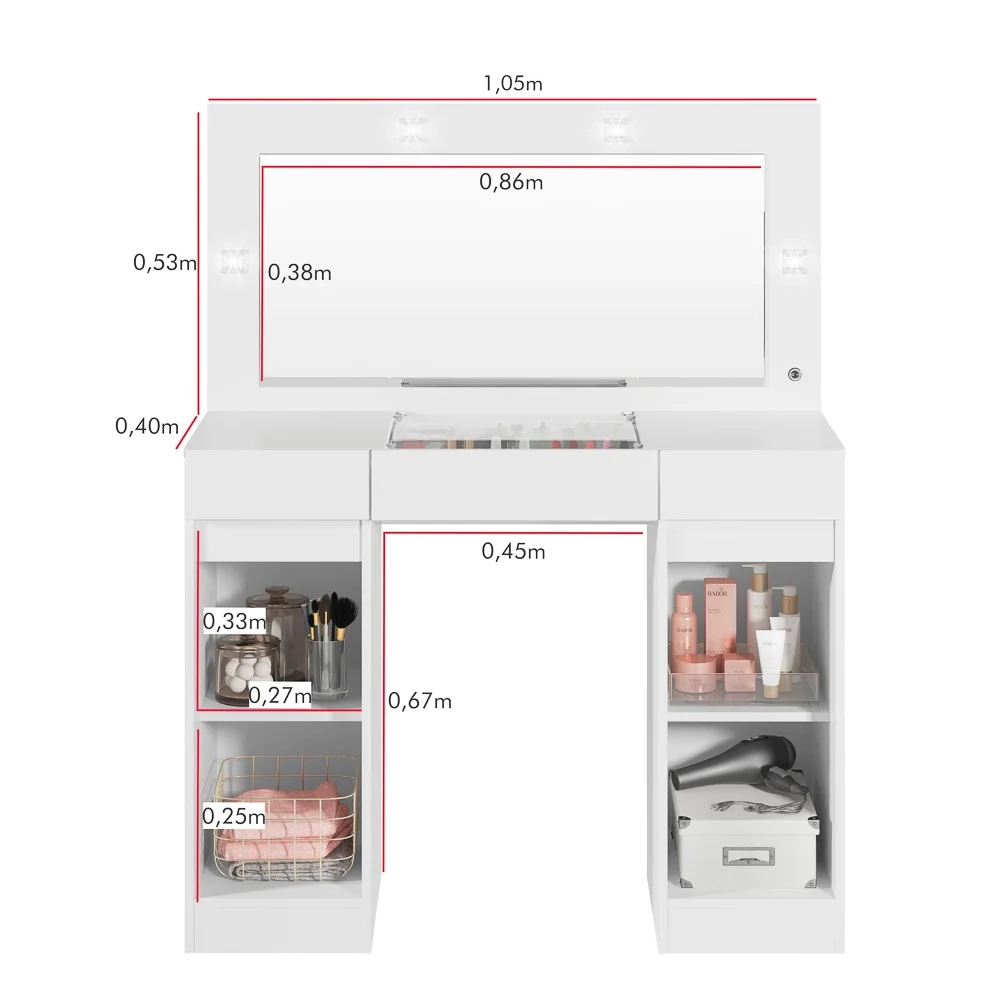 Penteadeira Camarim Com Espelho e LED 3 Gavetas Studio Beauty A02 Branco - Mpozenato