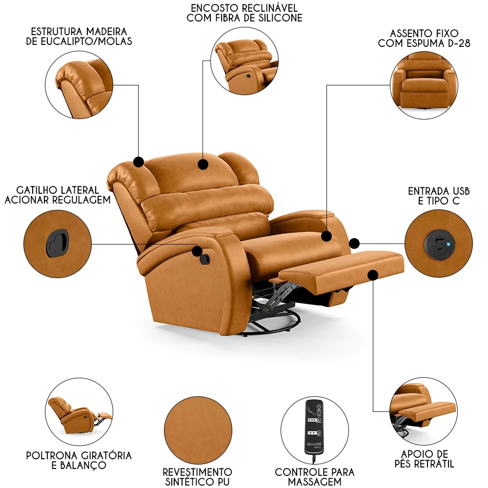 Poltrona do Papai Reclinável Kalie Glider Giratória Massagem FH9 PU Whisky - Mpozenato