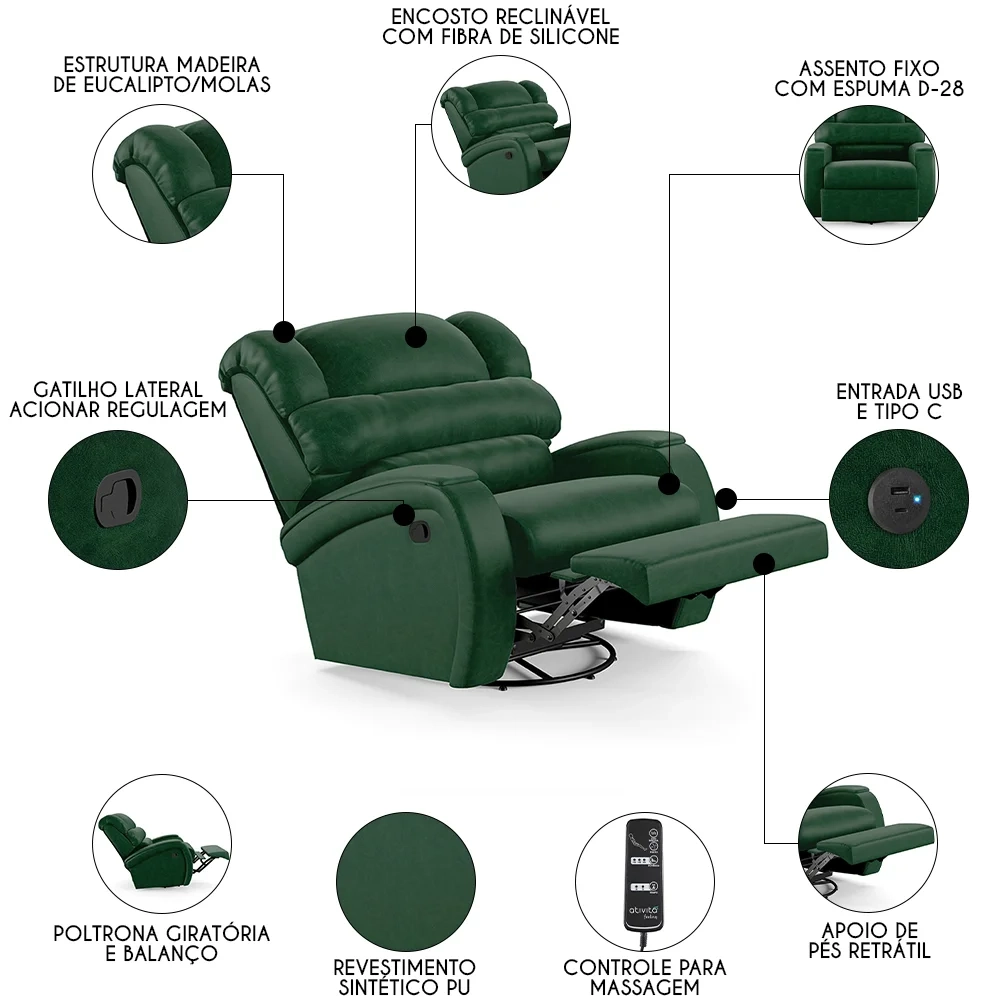 Poltrona do Papai Reclinável Kalie Glider Giratória Massagem FH9 PU Verde Musgo - Mpozenato