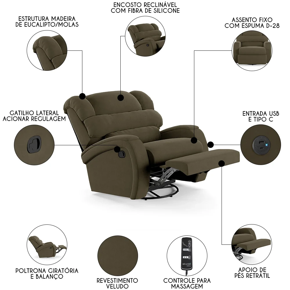 Poltrona do Papai Reclinável Kalie Glider Giratória Massagem FH9 Veludo Capuccino - Mpozenato