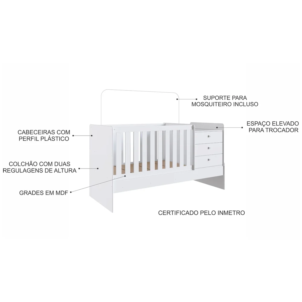 Berço Mini Cama Multifuncional Certificado pelo Inmetro BB680 Branco - Completa Móveis