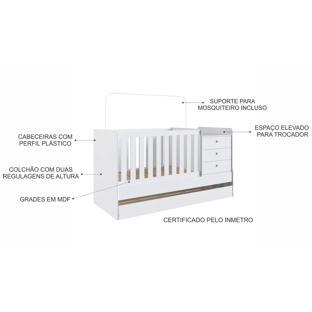 Berço Mini Cama Com Auxiliar Certificado pelo Inmetro BB690 Branco - Completa Móveis