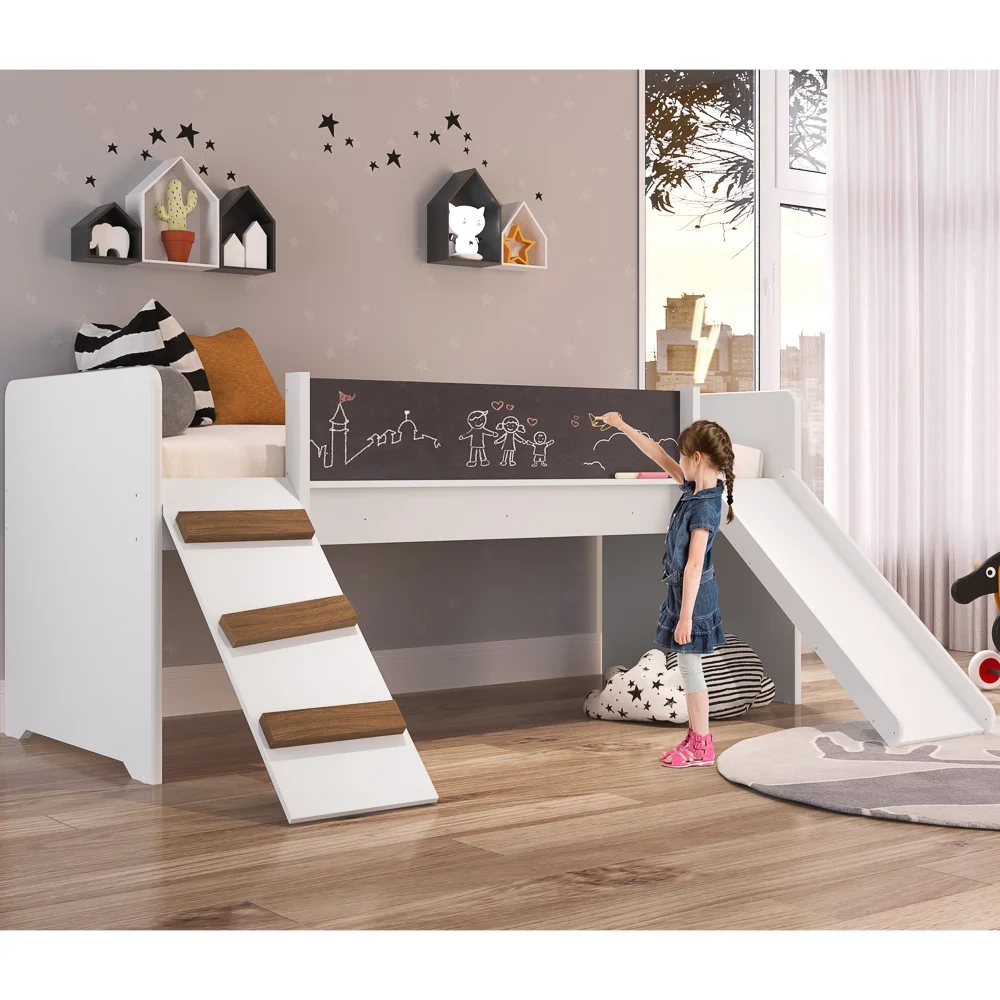 Cama Infantil Playground Com Escorregador e Quadro BY710 Branco - Completa Móveis