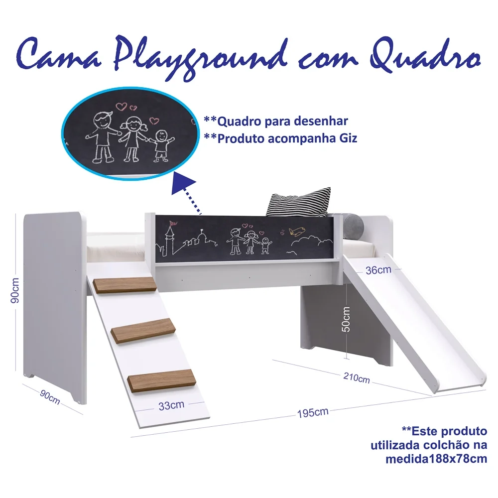 Cama Infantil Playground Com Escorregador e Quadro BY710 Branco - Completa Móveis