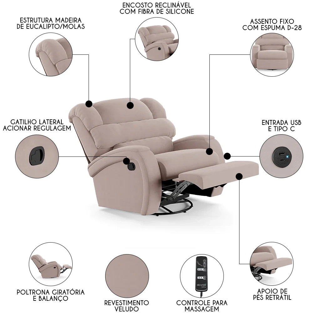 Poltrona do Papai Reclinável Kalie Glider Giratória Massagem FH9 Veludo Rosê - Mpozenato